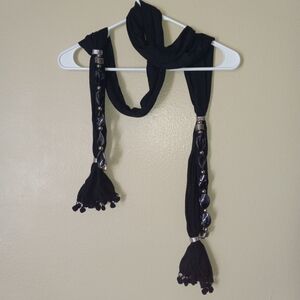 One-of-a-kind Black Scarf with Beaded Accents and Tassels Women's OS